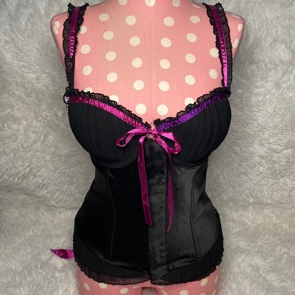 Playboy black satin 2 tone pink & purple ribbon detail corset top - Picture 1 of 10